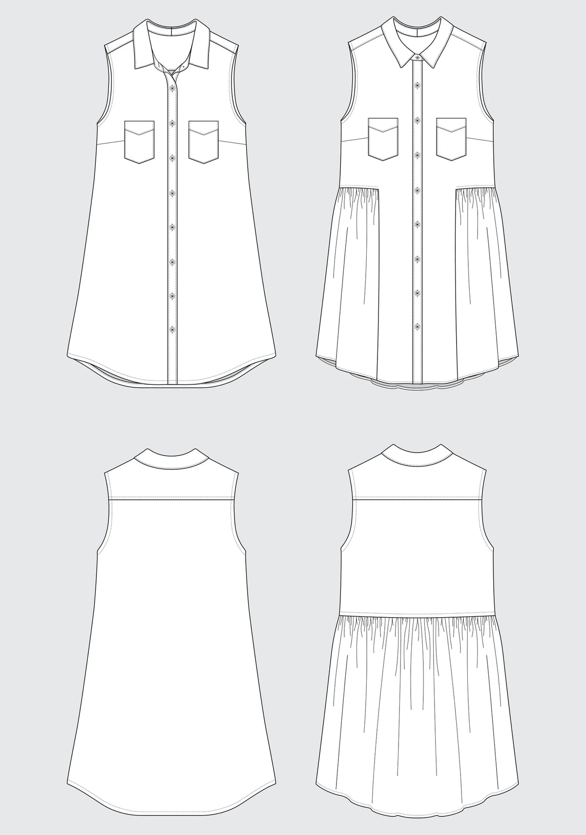 Design sketches of the Alder Shirtdress in View A and View B, front and back sides are shown. View B has gathered sides and back.